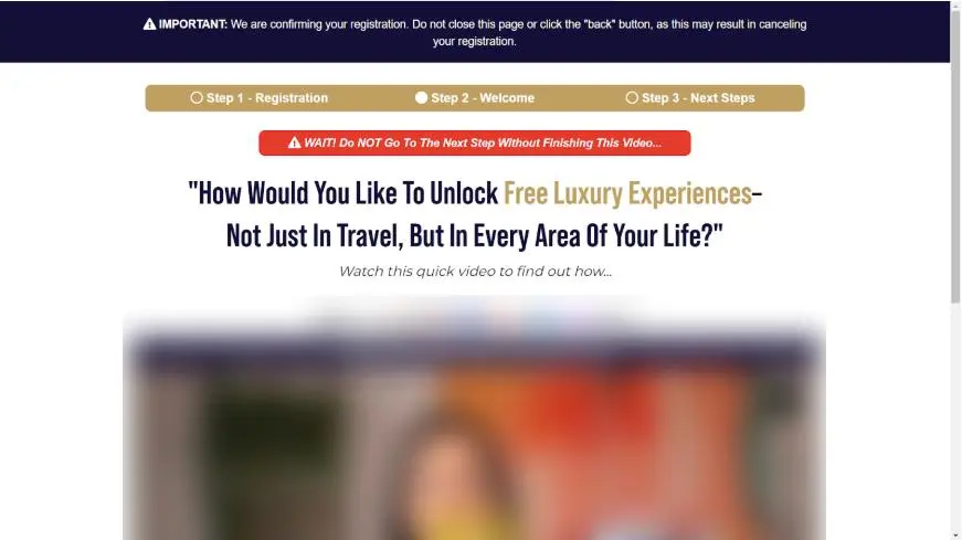 Test Group 2 thank-you page showing a headline about unlocking free luxury experiences beyond travel, above a video.
