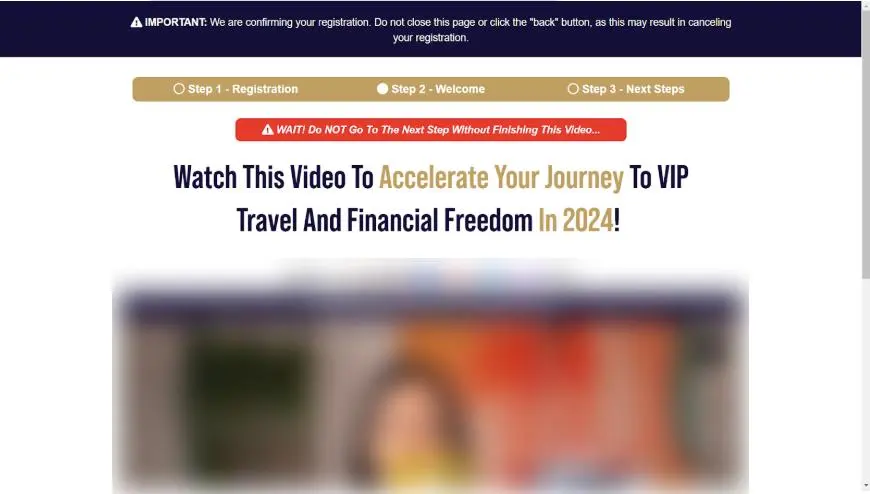 Test Group 1 thank-you page showing the control VIP-travel headline without a subheadline, above a video.