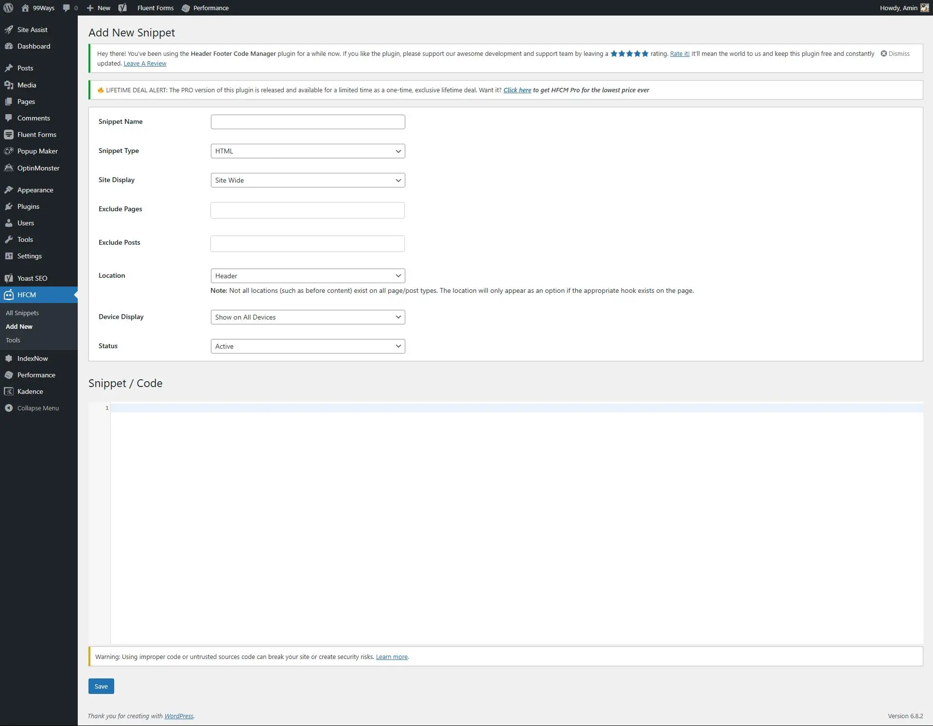 Header Footer Code Manager Add New Snippet screen