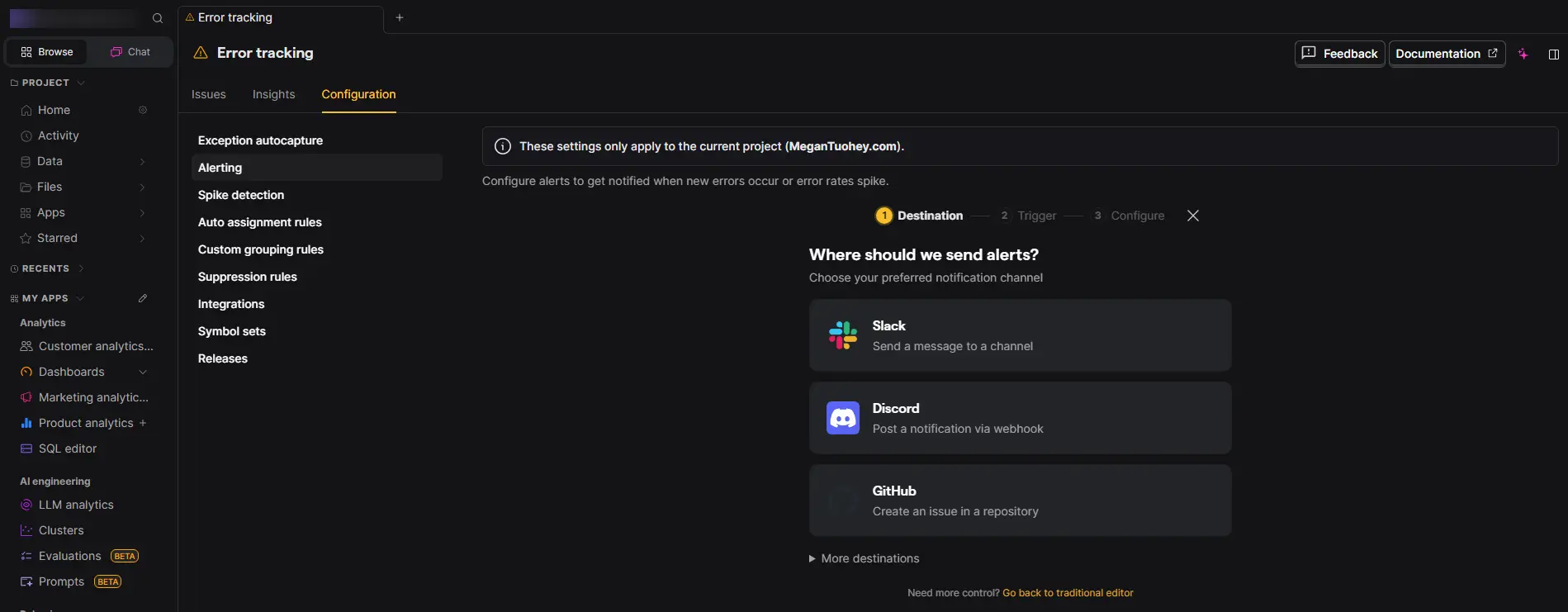 PostHog Error Tracking alert setup showing Slack, Discord, and GitHub notification destinations