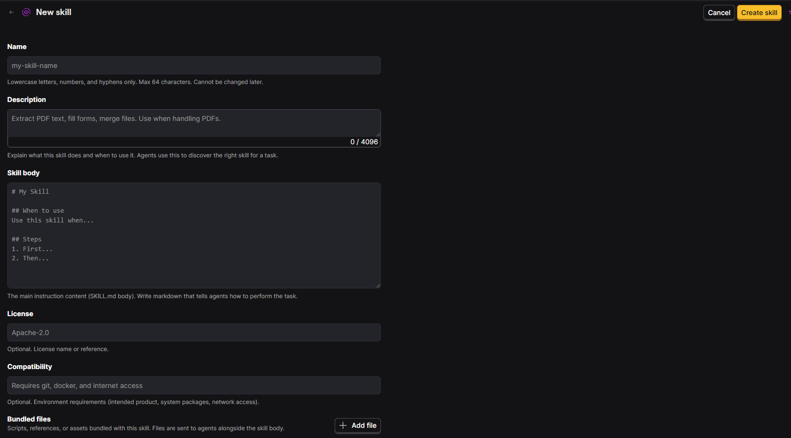 PostHog New skill form with fields for name, description, skill body, license, compatibility, and bundled files