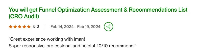 Five-star client review for a funnel optimization assessment and recommendations